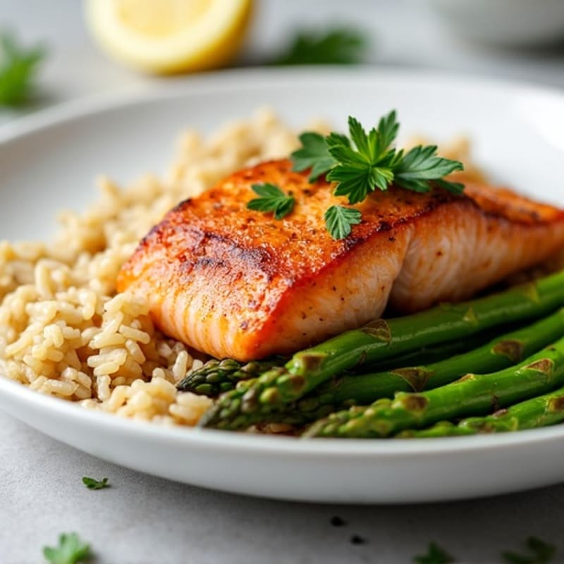 Seared Salmon Fillet with Steamed Asparagus and Brown Rice