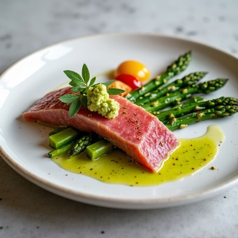 Seared Ahi Tuna with Creamy Wasabi and Crispy Roasted Asparagus