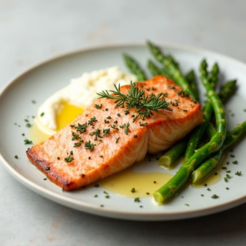 Seared Salmon with Steamed Asparagus and Cauliflower Mash