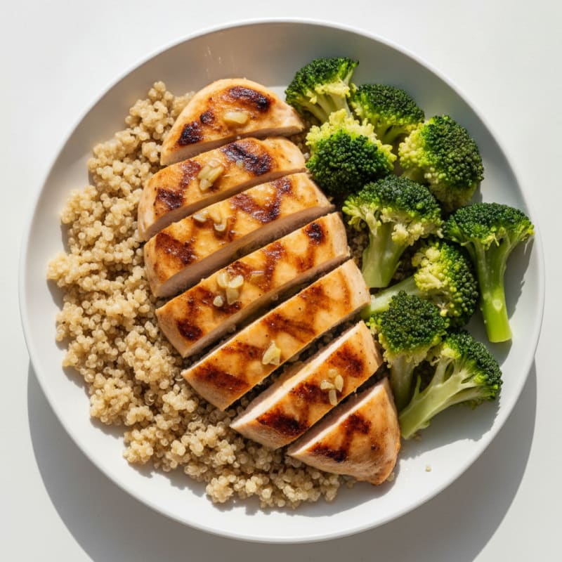 Grilled Lemon-Garlic Chicken Breast with Quinoa and Steamed Broccoli