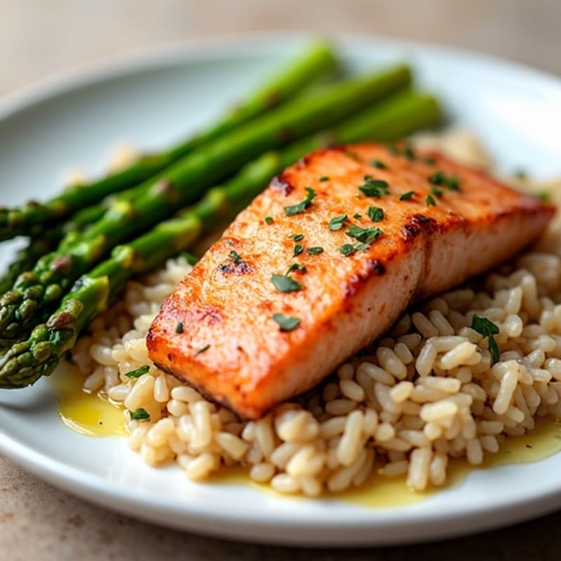 Seared Salmon with Steamed Asparagus and Brown Rice