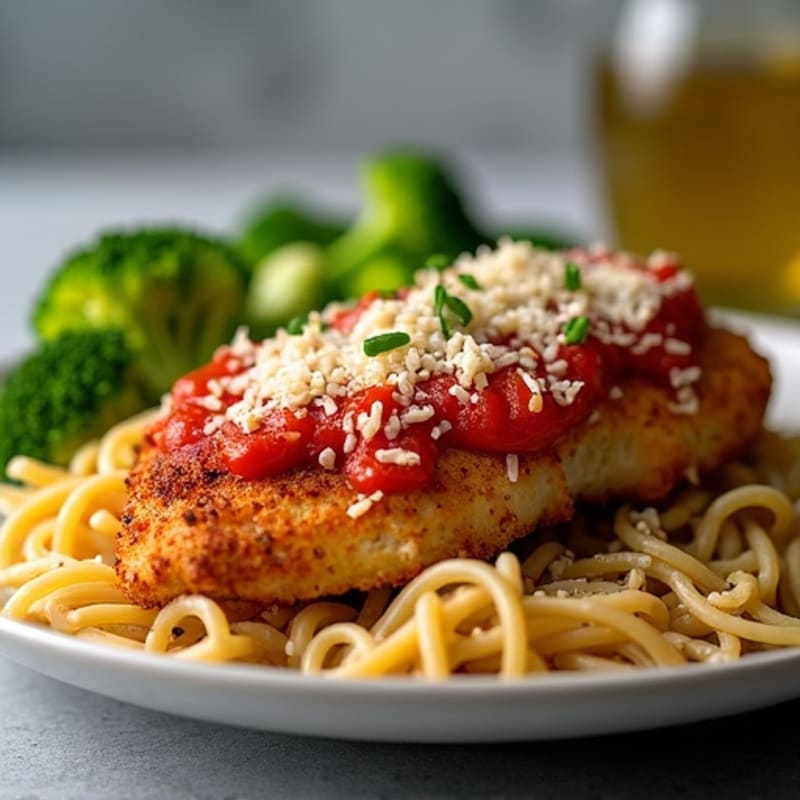 Crispy Chicken Parmesan with Roasted Broccoli and Whole Wheat Pasta