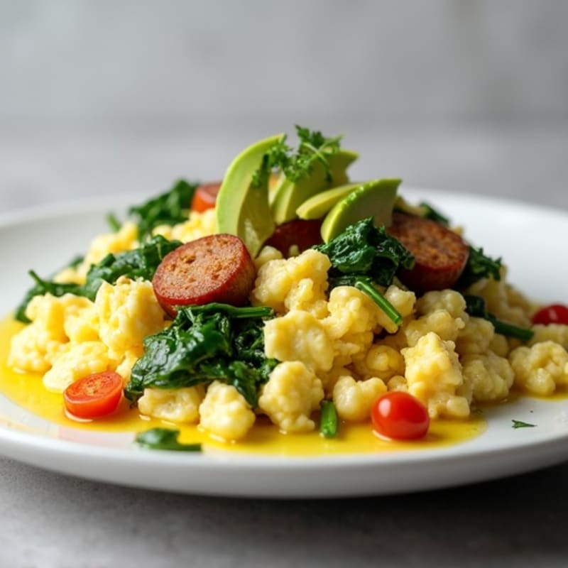 Egg White Scramble with Turkey Sausage and Sautéed Spinach