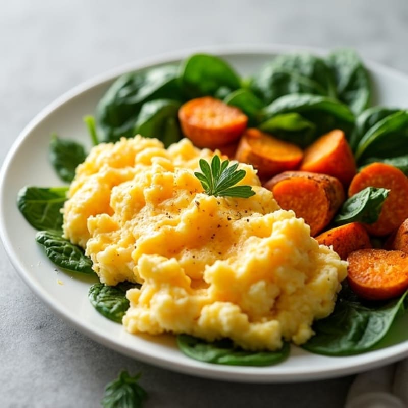 Hearty Scrambled Eggs with Roasted Sweet Potatoes and Spinach