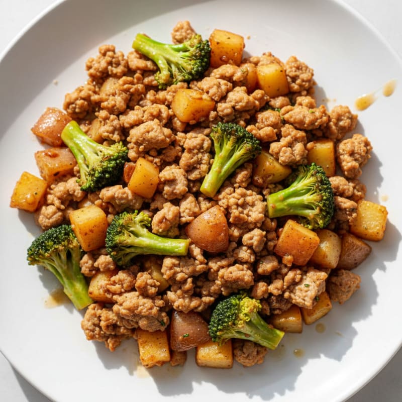 Lean Ground Turkey and Potato Stir-Fry with Broccoli