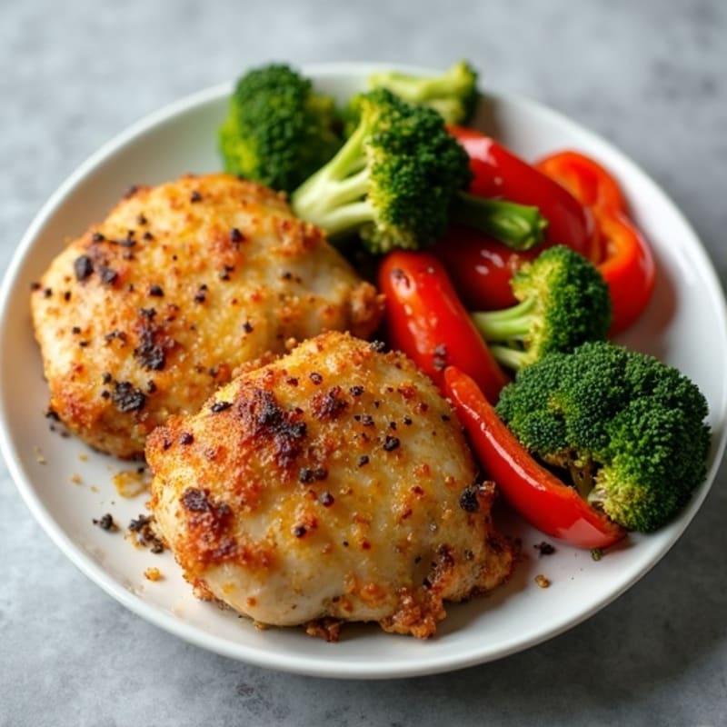Crispy Lemon-Garlic Chicken Thighs with Roasted Broccoli and Bell Peppers