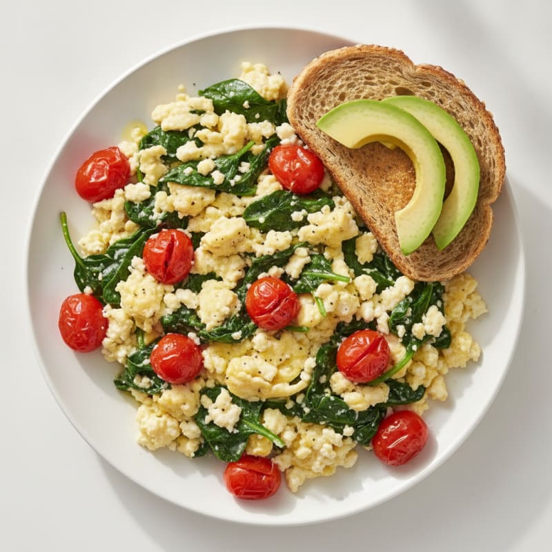 Cottage Cheese Scramble with Sautéed Spinach and Cherry Tomatoes