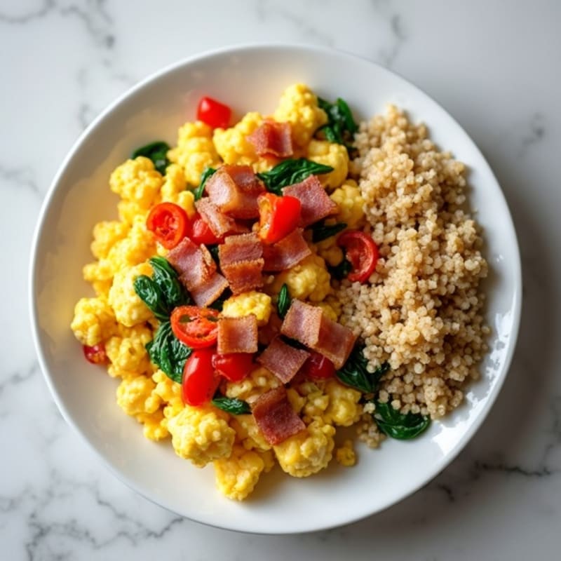 Egg White Veggie Scramble with Turkey Bacon and Quinoa