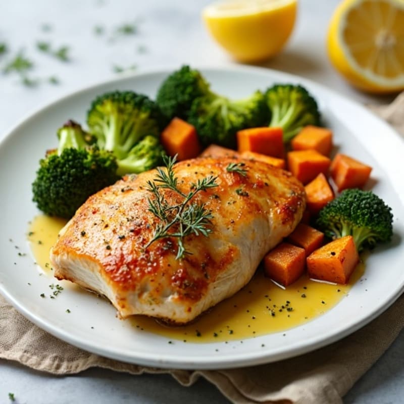 Crispy Lemon Herb Roasted Chicken with Roasted Broccoli and Sweet Potatoes