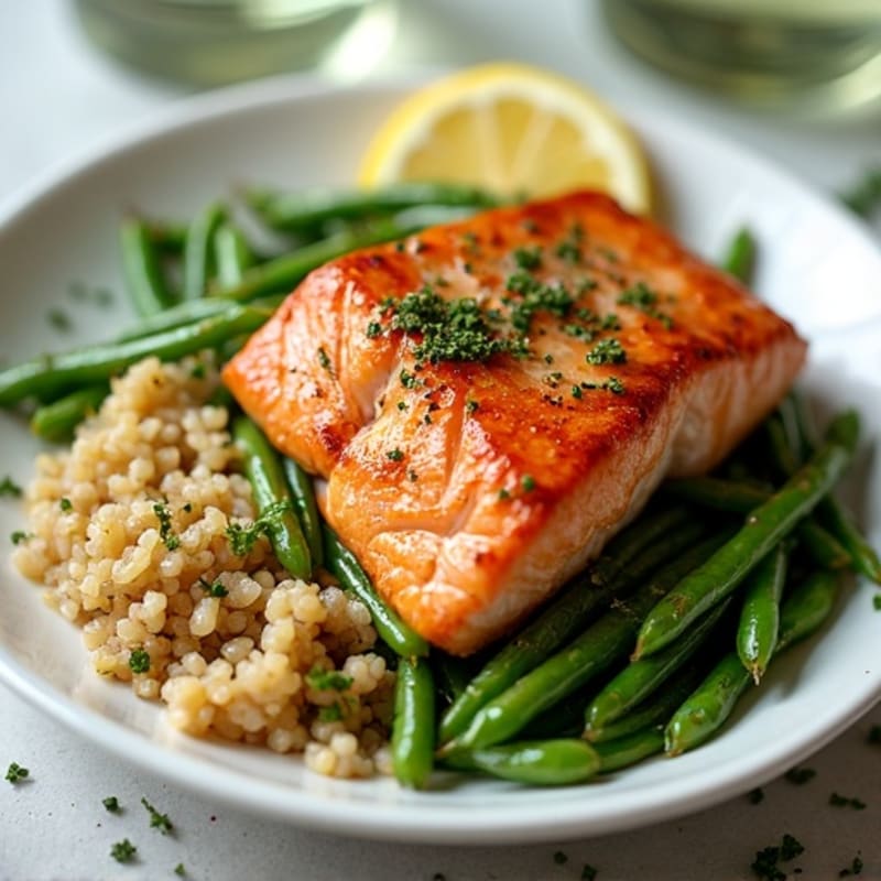 Seared Salmon with Garlic Green Beans and Quinoa