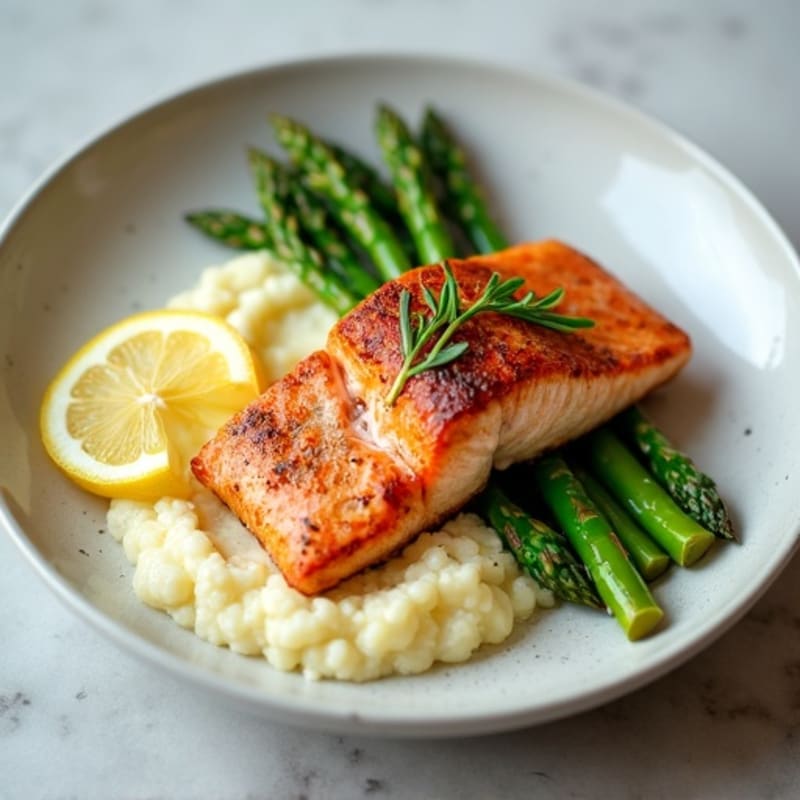 Seared Salmon with Steamed Asparagus and Cauliflower Mash