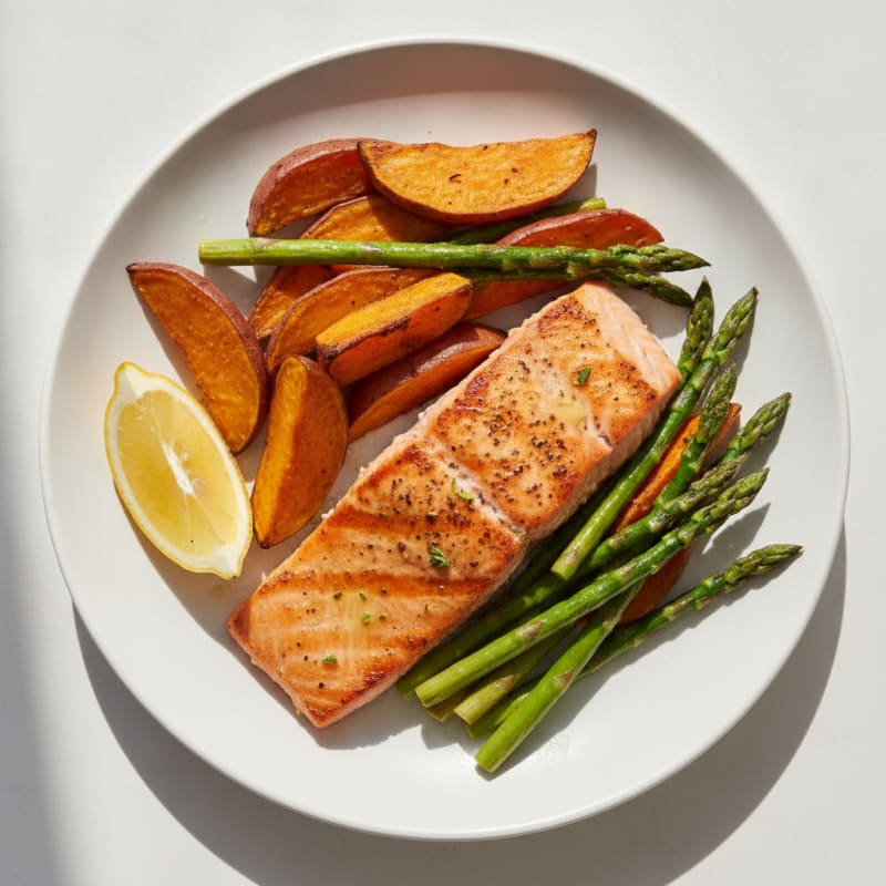 Seared Salmon Fillet with Roasted Sweet Potatoes and Asparagus