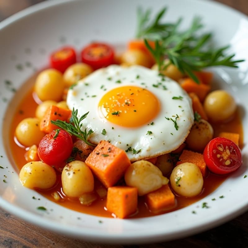 Egg and Sweet Potato Gnocchi Skillet with Roasted Vegetables