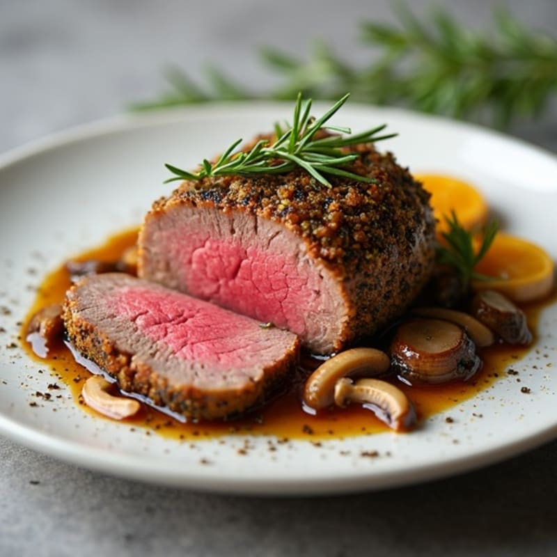 Lean Beef Tenderloin with Crispy Mushroom-Herb Crust