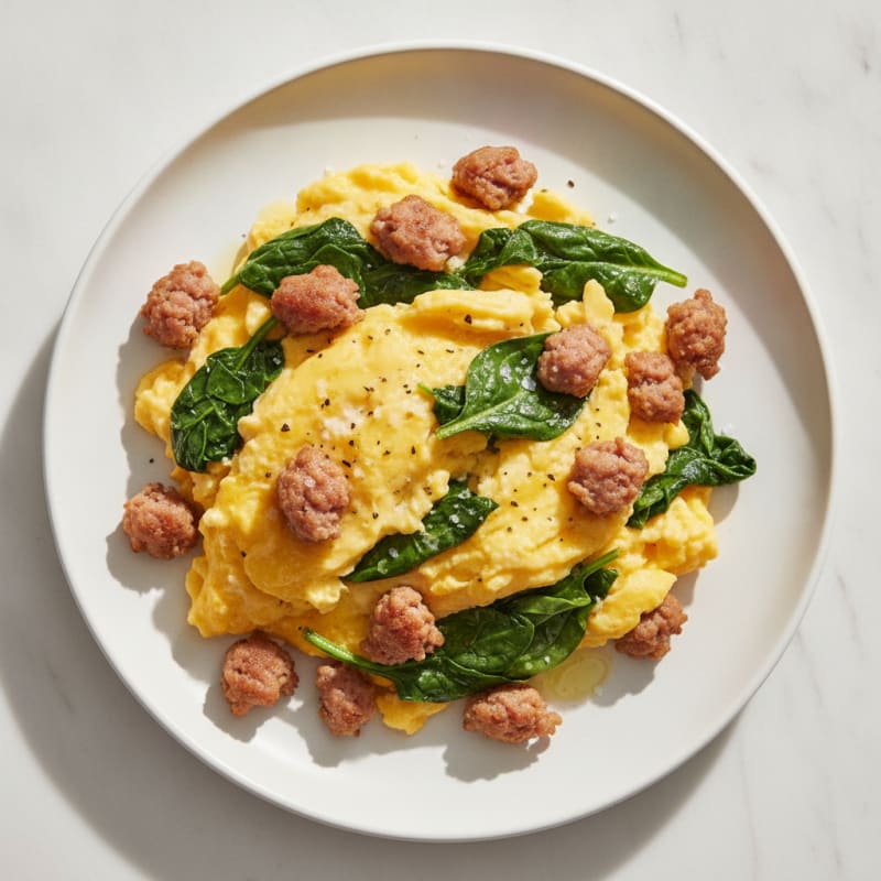 Scrambled Eggs with Turkey Sausage and Spinach