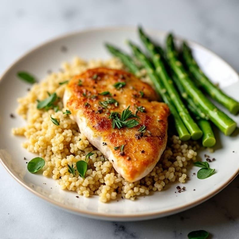 Crispy Lemon Herb Chicken Breast with Fluffy Quinoa and Steamed Asparagus