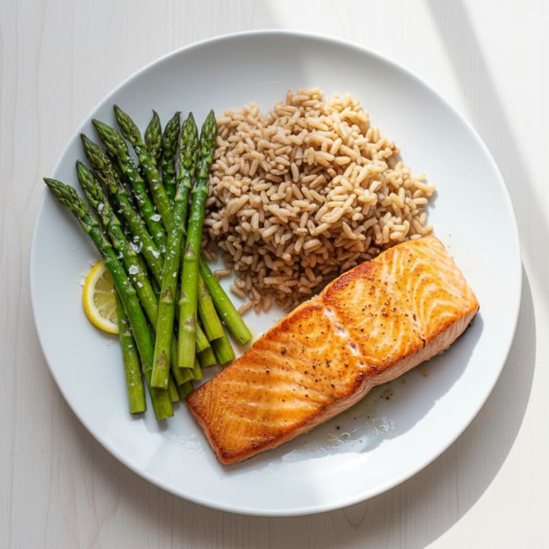 Seared Salmon with Steamed Asparagus and Brown Rice