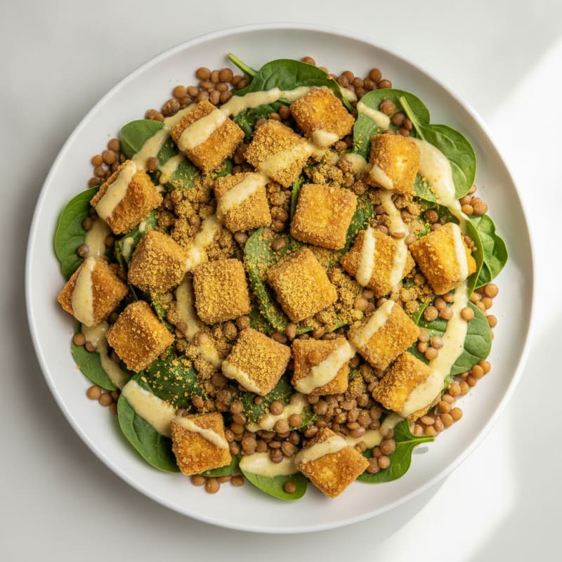 Crispy Tofu and Lentil Power Salad with Lemon-Tahini Dressing