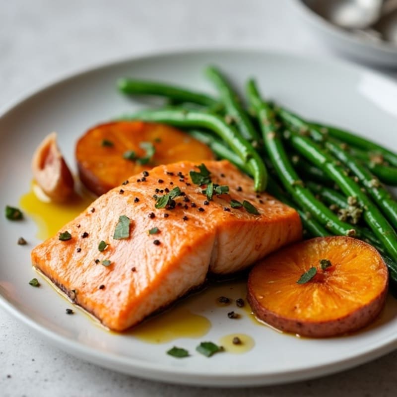 Seared Salmon with Garlic Green Beans and Roasted Sweet Potato
