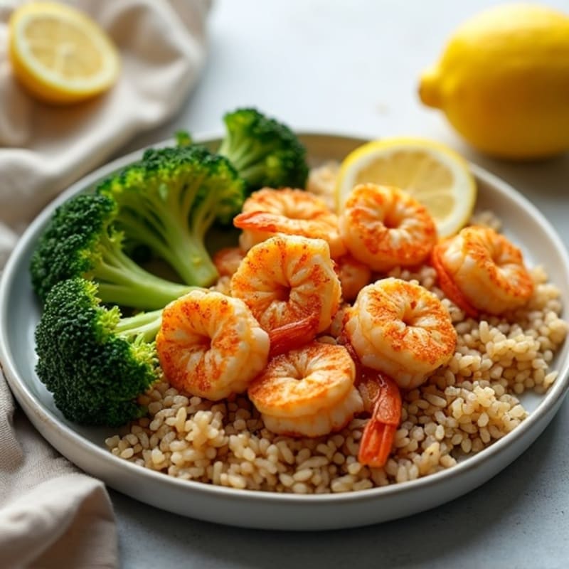 Crispy Lemon-Garlic Shrimp with Roasted Broccoli and Brown Rice