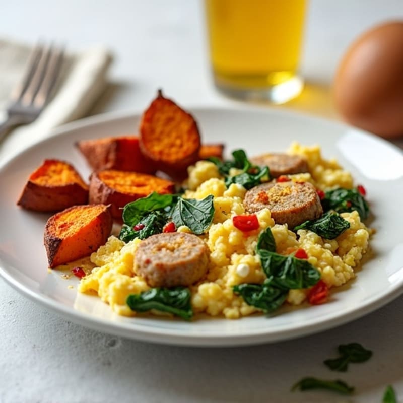 Egg White and Turkey Sausage Scramble with Spinach and Roasted Sweet Potato
