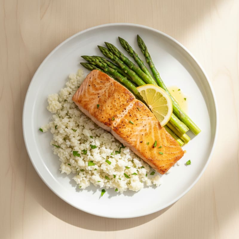 Seared Salmon with Steamed Asparagus and Cauliflower Rice