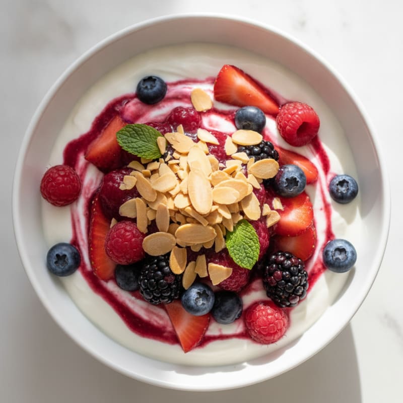 Greek Yogurt Protein Parfait with Mixed Berries and Almonds