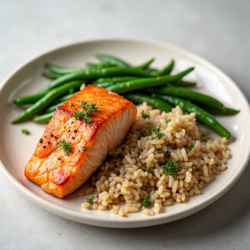 Seared Salmon Fillet with Garlic Green Beans and Brown Rice