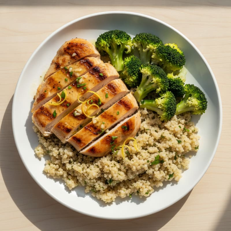 Grilled Lemon-Garlic Chicken Breast with Quinoa and Steamed Broccoli