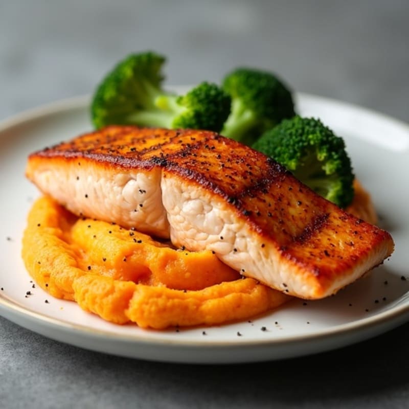 Seared Salmon with Roasted Broccoli and Sweet Potato Mash