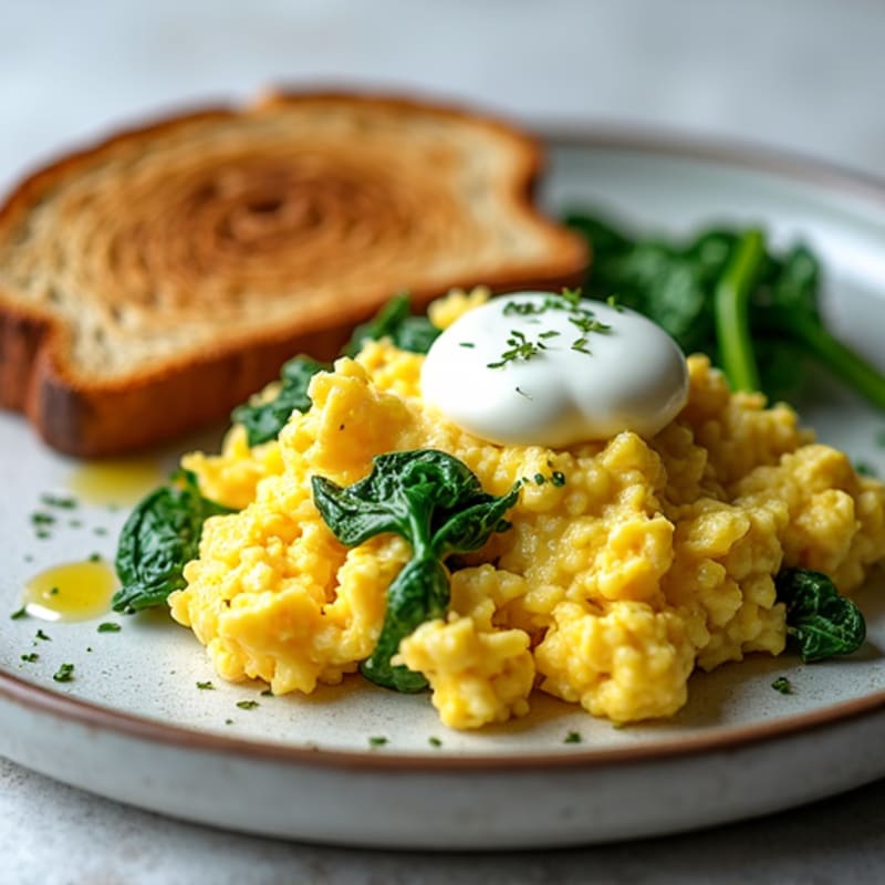 Egg and Egg White Scramble with Sourdough Toast and Spinach