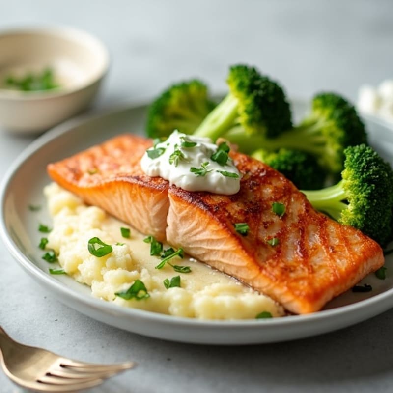 Seared Salmon with Steamed Broccoli and Garlic Mashed Potatoes
