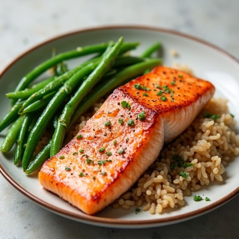 Seared Salmon Fillet with Garlic Green Beans and Brown Rice