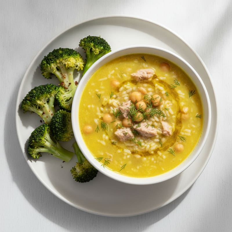 Tuna and Chickpea Lemon Rice Soup with Steamed Broccoli