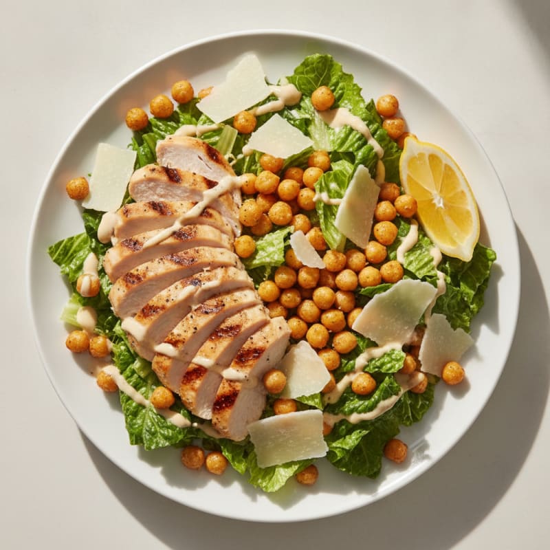 Grilled Chicken Caesar Salad with Shaved Parmesan and Crunchy Chickpeas