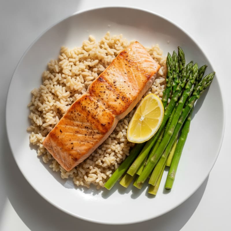 Seared Salmon with Steamed Asparagus and Brown Rice