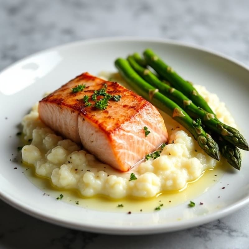 Seared Salmon with Steamed Asparagus and Cauliflower Mash