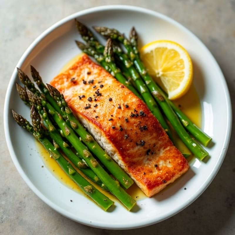 Crispy Pan-Seared Salmon with Roasted Asparagus and Lemon