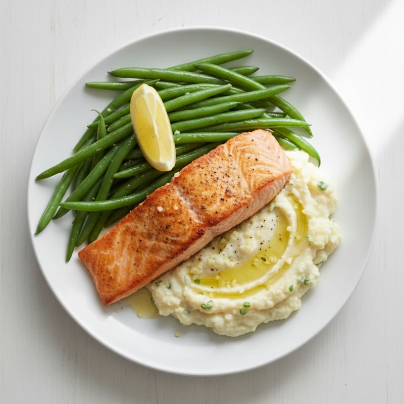 Seared Salmon with Steamed Green Beans and Garlic Mashed Cauliflower
