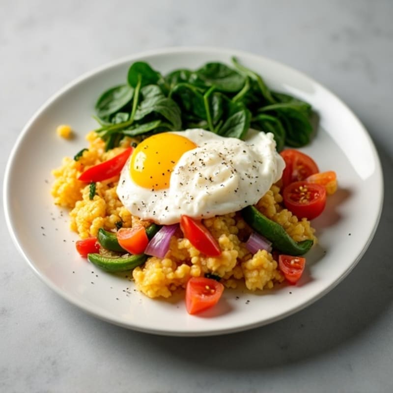 Egg White Veggie Scramble with Cottage Cheese and Sautéed Spinach