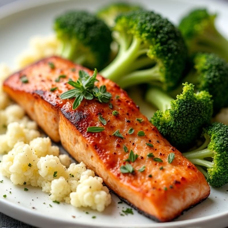 Seared Salmon with Roasted Broccoli and Garlic Mash