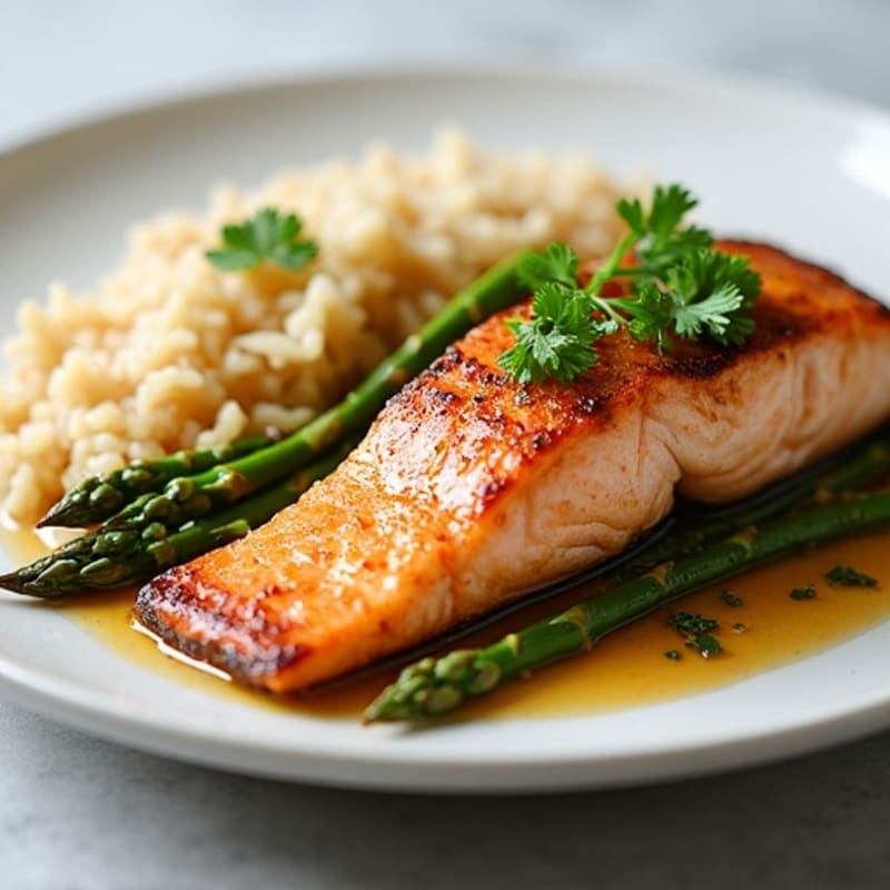 Pan Seared Salmon with Steamed Asparagus and Brown Rice