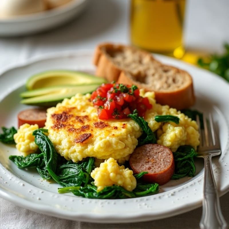 Egg White and Turkey Sausage Scramble with Sautéed Spinach