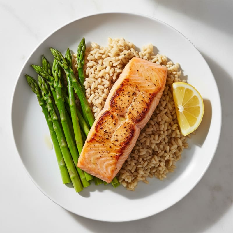 Seared Salmon Fillet with Steamed Asparagus and Brown Rice
