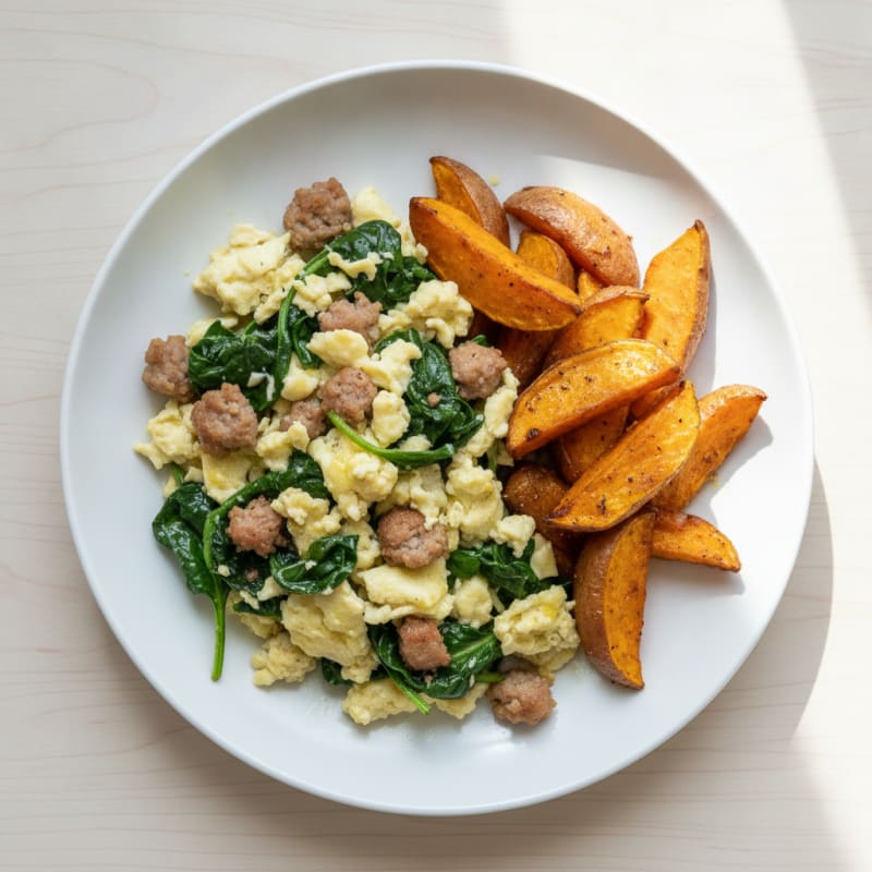 Egg White and Turkey Sausage Scramble with Spinach and Roasted Sweet Potatoes