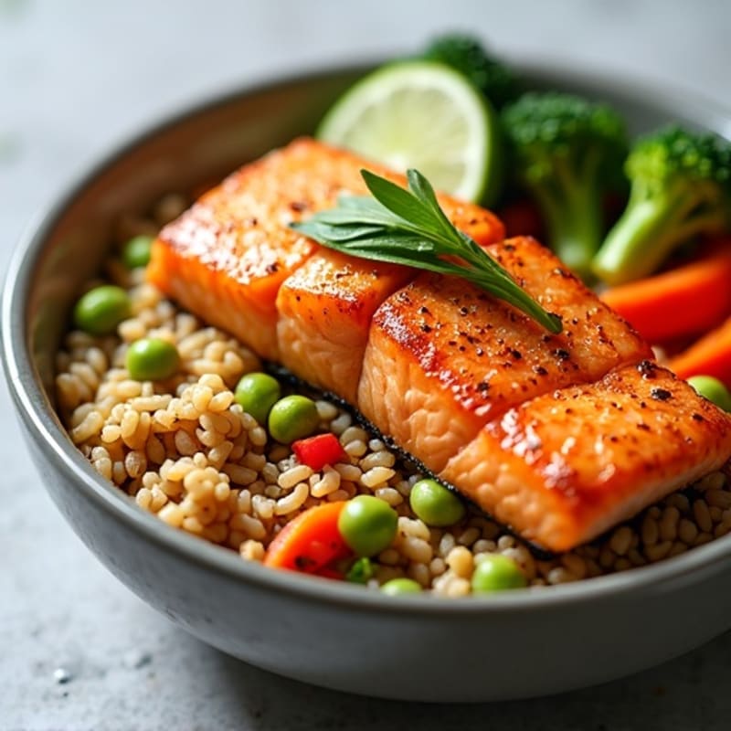 Spicy Salmon and Crispy Vegetable Brown Rice Bowl