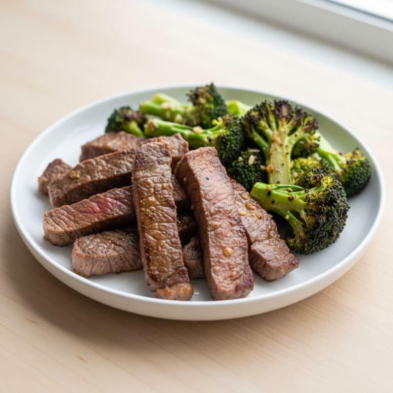Seared Lean Beef Strips with Roasted Broccoli