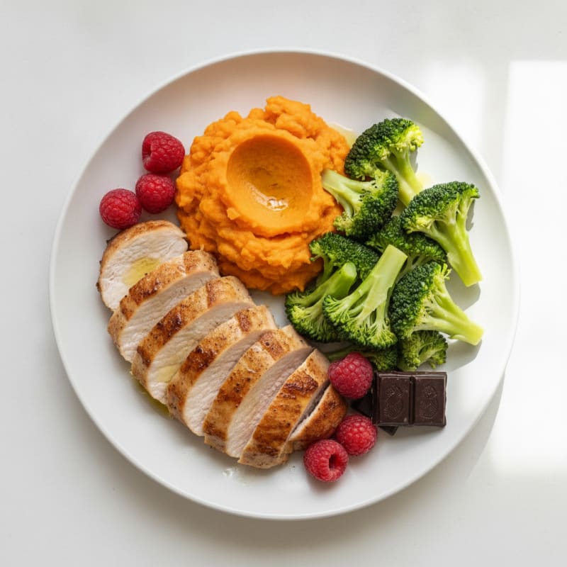 Seared Turkey Breast with Steamed Broccoli and Sweet Potato Mash