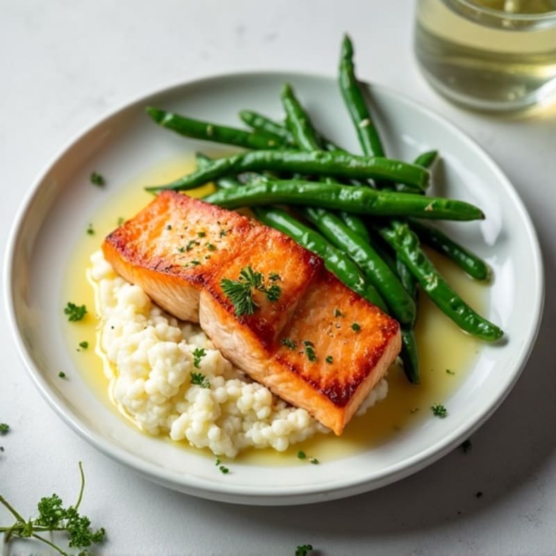 Seared Salmon with Steamed Green Beans and Cauliflower Mash