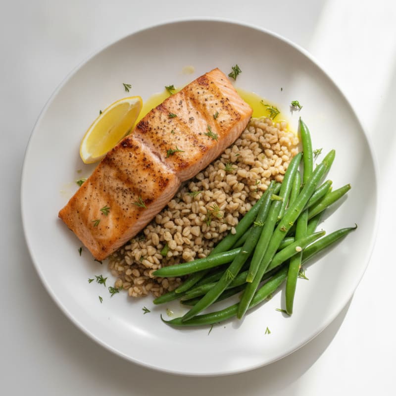 Seared Salmon with Farro and Steamed Green Beans